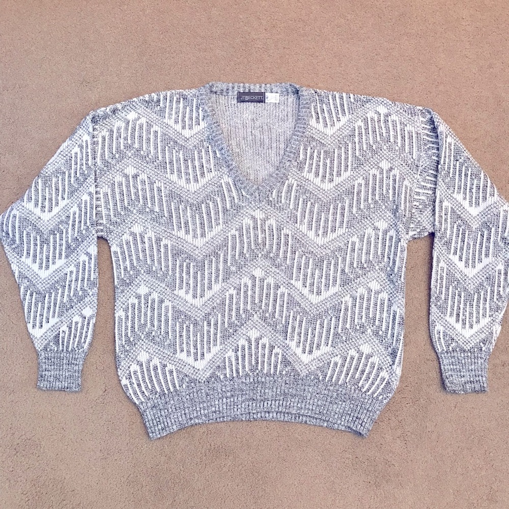 Vintage 80s V Neck Sweater Size L Oversized Grey White Eclectic Dad Made In USA